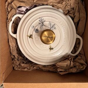 Le Creuset Cream Enamel Dutch Oven with Gold Knob and Bee Motif